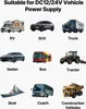 A collage of different vehicles and a boat, with text indicating suitability for DC12/24V vehicle power supply. Voir les images du produit