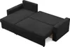 A black sectional sofa is shown in an open configuration, revealing its sleeping function. Produktbild-Vorschau