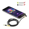 A smartphone connected to an audio cable, with compatibility icons for Android and iPhone shown above. Produktbild-Vorschau