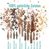 A collection of natural ingredients, including wood chips, coffee beans, chili peppers, and cocoa beans, displayed in test tubes and scattered around a white background. Produktbild-Vorschau