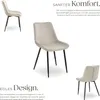 Three views of a beige upholstered chair with black metal legs, presented with marketing text. Náhled obrázku produktu