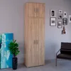 A tall, narrow cabinet with two sets of doors stands against a light gray wall, adorned with framed pictures. A potted plant and a piece of abstract art are to the left, and a chair is to the right. Podgląd zdjęcia produktu