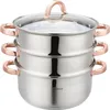 A three-tiered stainless steel steamer pot with rose gold handles and lid knob, shown against a white background. Voir les images du produit