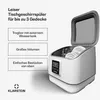 A white countertop dishwasher with its lid open, showing dishes inside. Text boxes on the left describe its features, and the Klarstein logo is at the bottom left. Produktbild-Vorschau