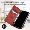 A brown leather flip wallet case for a smartphone, showing card slots and cash compartments. Produktbild-Vorschau