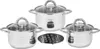 A set of three stainless steel pots with glass lids and a trivet, displayed on a white background. Produktbild-Vorschau