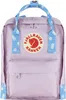 A lilac Fjällräven Kånken Mini backpack with blue and white polka dot straps and trim.