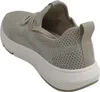 A close-up, rear-angled view of a beige sneaker with a white sole. Produktbild-Vorschau