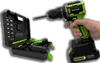 A hand holding a cordless drill with a drill bit, next to an open toolbox containing the drill, batteries, charger, and various drill bits. Produktbild-Vorschau