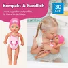 A doll is shown on a white background, and a child is playing with a similar doll in a bathtub. Produktbild-Vorschau