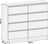 A line drawing of a white dresser with eight drawers, showing dimensions. Produktbild-Vorschau
