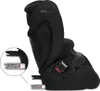 A side view of a black child car seat, with a close-up inset showing the ISOFIX connectors. Produktbild-Vorschau
