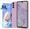 A purple phone case and screen protector are displayed next to a smartphone. Produktbild-Vorschau
