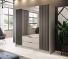 A modern bedroom or dressing room with a large wardrobe with mirrored doors and drawers, a chair, and a plant. Produktbild-Vorschau