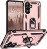 A rose gold phone case with a built-in ring stand is displayed from multiple angles, with a phone showing a forest scene on its screen visible in the background. Produktbild-Vorschau