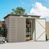 A metal garden shed with its doors open, showing shelves and items inside, set in an outdoor environment with a fence and plants. Produktbild-Vorschau