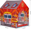 A colorful children's play tent designed to look like a fire station, with graphics of fire trucks and fire department emblems. Produktbild-Vorschau