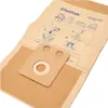A close-up, angled view of a brown paper vacuum cleaner bag with blue instructional diagrams and text printed on it. Produktbild-Vorschau