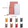 A collage showing a pink crossbody bag with dimensions and a comparison to a smartphone, followed by multiple smaller bags in various colors. Produktbild-Vorschau