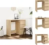 A collage of images showing a wooden desk with drawers from different angles and in different settings. Produktbild-Vorschau