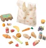 A collection of wooden toy food items and a shopping bag, arranged on a white background. Produktbild-Vorschau