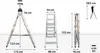 Diagrams showing different configurations and dimensions of a foldable ladder, with a person using it at height. Anteprima dell’immagine prodotto