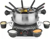 A fondue set with a stainless steel pot, black base, and multiple dipping bowls. Produktbild-Vorschau
