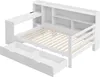 A white wooden bed frame with integrated desk and shelving, shown with two drawers pulled out. Podgląd zdjęcia produktu