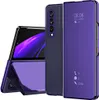 A purple flip case for a Samsung Galaxy Z Fold 3 5G is shown, with the phone partially open and displayed.
