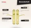 A marketing image showcasing a pair of gold door handles with descriptive text highlighting their features. Produktbild-Vorschau