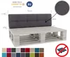 A dark gray pallet cushion and backrest are shown on a light gray pallet base. Dimensions are indicated with measurement lines and text. A swatch of fabric colors is displayed at the bottom, and a 'no pallet' symbol is in the lower right corner. Náhled obrázku produktu