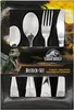 A product package for a Jurassic World themed children's cutlery set, featuring images of dinosaurs and the cutlery itself. Produktbild-Vorschau