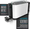 A toaster with marketing text highlighting its features. Voir les images du produit