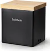 A black storage container with a wooden lid, labeled 'Zwiebeln'. Produktbild-Vorschau