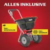 A garden spreader with text overlays highlighting included accessories. Produktbild-Vorschau