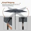 Demonstration of how to tilt a patio umbrella using a button mechanism, with close-ups of the tilting joint and pole. Produktbild-Vorschau