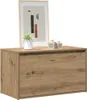 A wooden storage bench with a framed picture and decorative jars on top. Produktbild-Vorschau