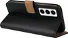 A black flip case for a smartphone is shown from a diagonal angle, with the front flap open to reveal the phone's camera array. Produktbild-Vorschau