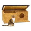 A cat sits in front of a wooden outdoor cat house with an open roof. Náhled obrázku produktu