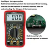 A red digital multimeter with a close-up inset showing its internal circuit board and fuse. Produktbild-Vorschau
