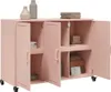 A pink metal sideboard with its doors open, showing shelves and items inside. Náhľad obrázku produktu