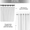 The image shows two ways to hang white curtains. The top image shows curtains hung with rings and hooks, while the bottom image shows curtains hung directly on a rod. Produktbild-Vorschau