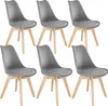 A set of six gray dining chairs with wooden legs, arranged in two rows of three.