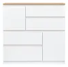 A white dresser with a wooden top, shown from the front against a white background. Produktbild-Vorschau