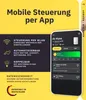 A marketing image showing a smartphone displaying an app interface for a Klyqa air purifier, alongside text describing its features. Produktbild-Vorschau