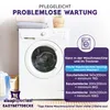 A washing machine with folded blankets on top, and a marketing graphic overlay providing information about washing machine requirements for a specific product. Produktbild-Vorschau
