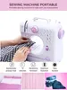 A person is using a portable sewing machine, with icons and images of sewing-related items below. Produktbild-Vorschau