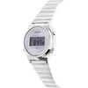 A close-up, side view of a silver Casio digital watch with a white face. Produktbild-Vorschau