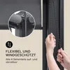 A close-up of a hand pulling a chain to operate a retractable side panel of a pavilion, with text describing its features. Produktbild-Vorschau