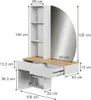 A diagram showing the dimensions of a white and wood vanity table with a mirror. Voir les images du produit